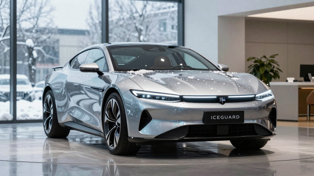 Carro esportivo elétrico prata modelo Iceguard em exposição interna com neve no capô e no fundo.