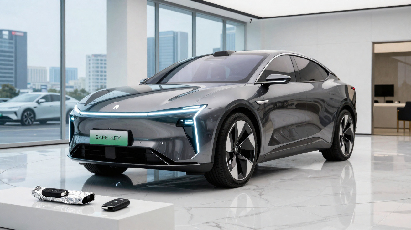 Carro elétrico cinza estacionado em showroom moderno com chave eletrônica na mesa branca próxima.