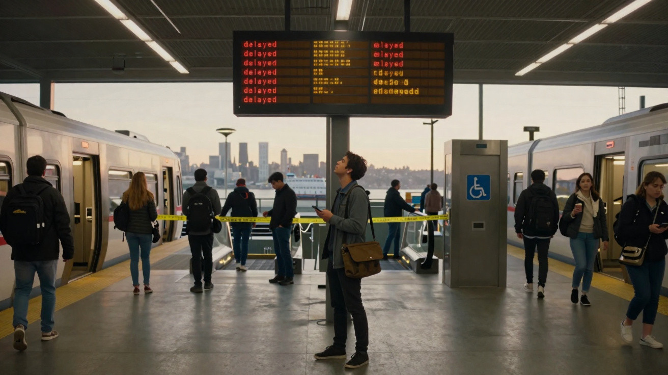 Estação de trem com passageiros e painel indicando atrasos em todos os trens no início da manhã.