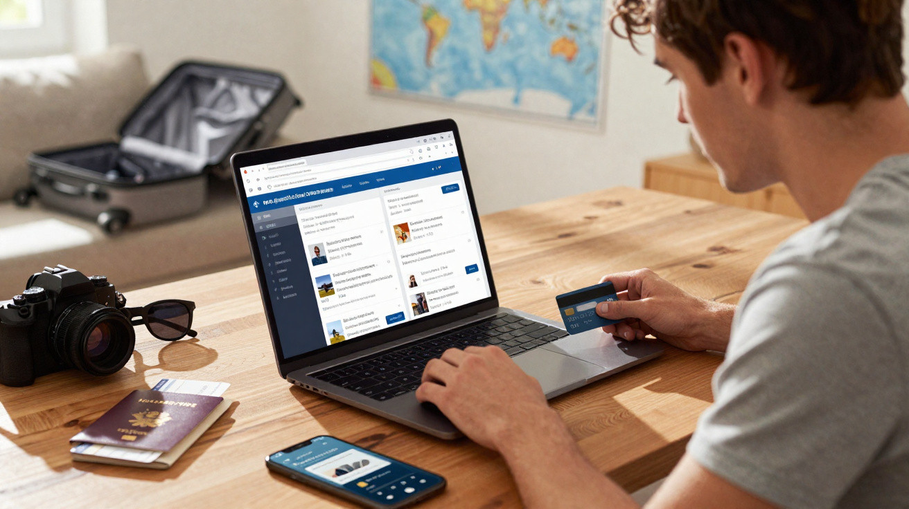 Pessoa fazendo compras online no notebook em uma mesa com passaporte, câmera e celular.