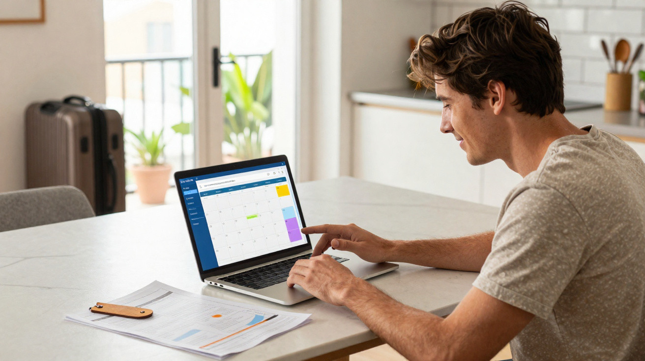 Homem sentado à mesa usando laptop com calendário na tela, documentos ao lado, em ambiente claro e moderno.