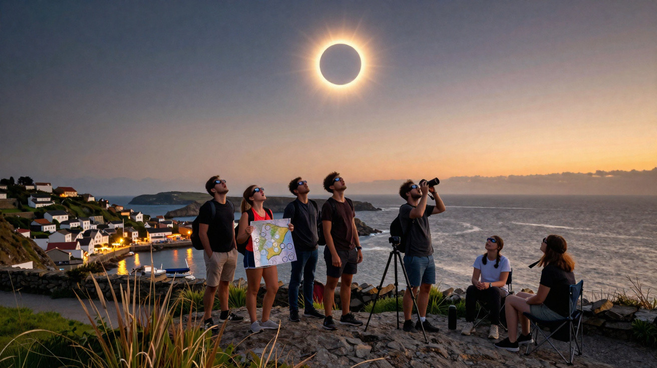 Grupo de pessoas com óculos especiais observando eclipse solar na costa ao entardecer.