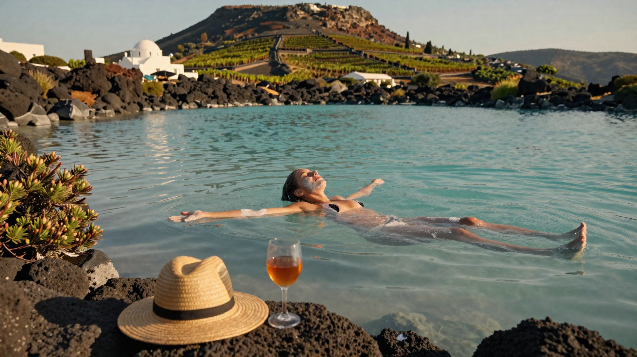 Mulher relaxando em lago natural com chapéu e taça de vinho sobre pedras vulcânicas ao redor.