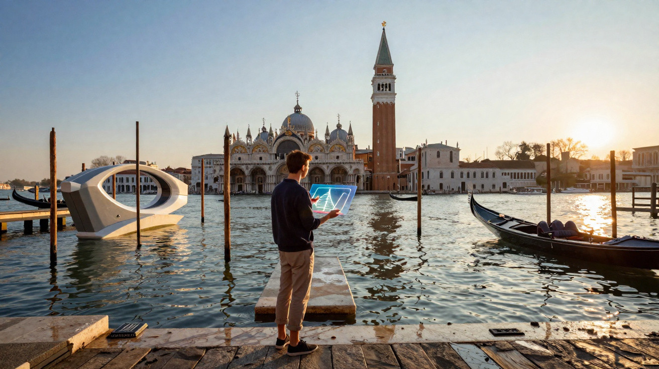 Homem com laptop holográfico em frente ao canal de Veneza com gôndola ao pôr do sol.