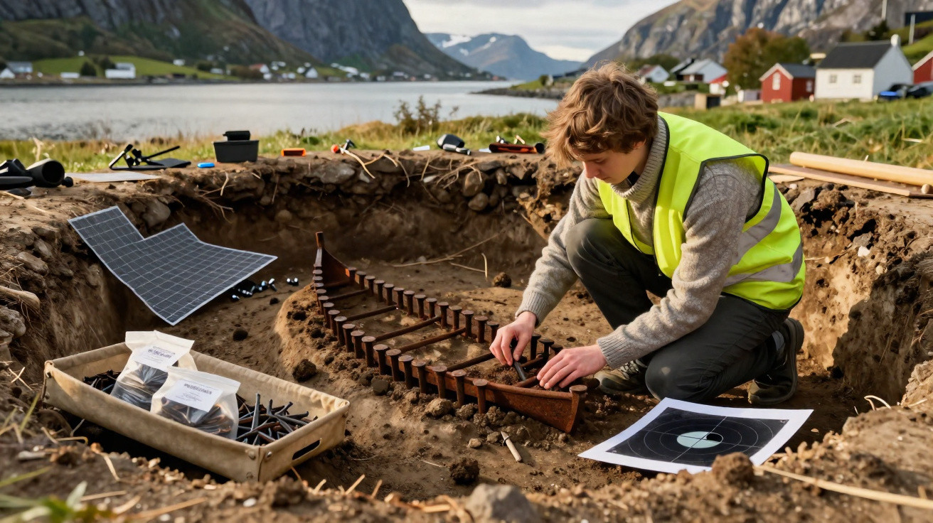 Pesquisador escavando artefato arqueológico em site aberto próximo a um lago e montanhas.