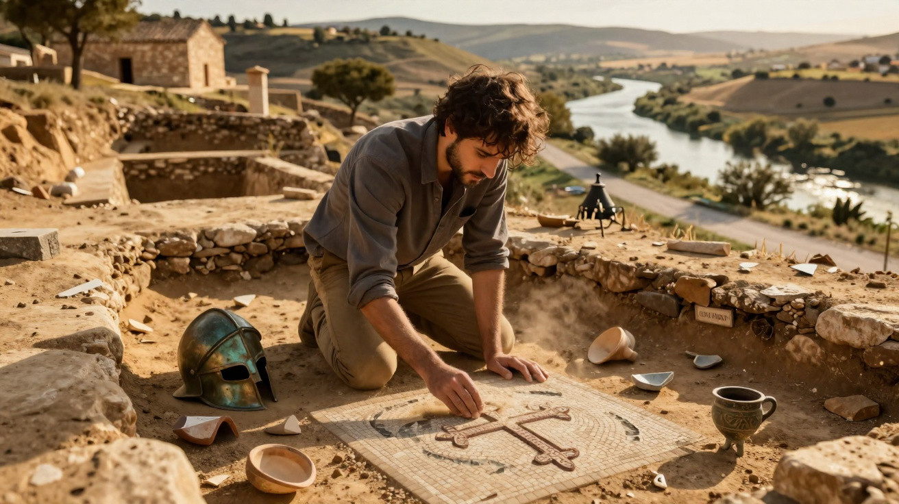 Arqueólogo monta mosaico antigo perto de rio em sítio arqueológico com utensílios e capacete romano.