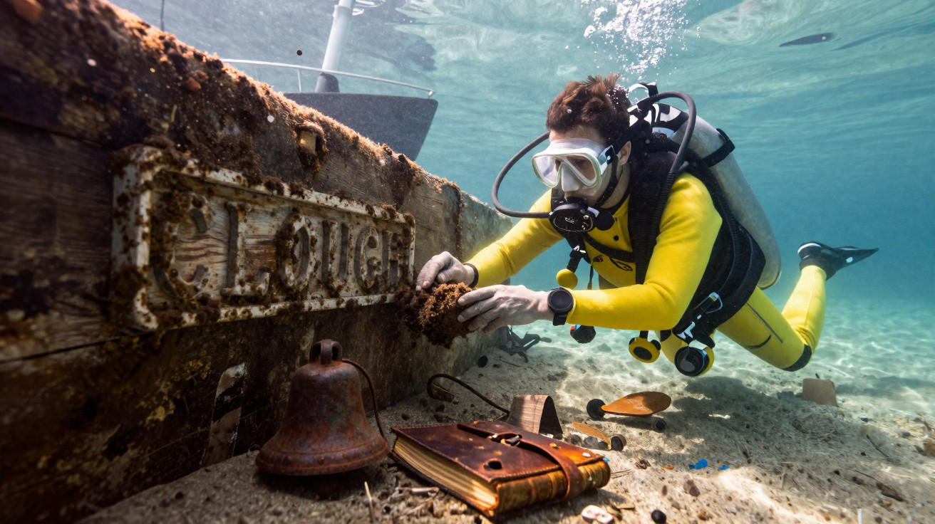 Mergulhador investigando destroços submersos com livro antigo e sino no fundo do mar.