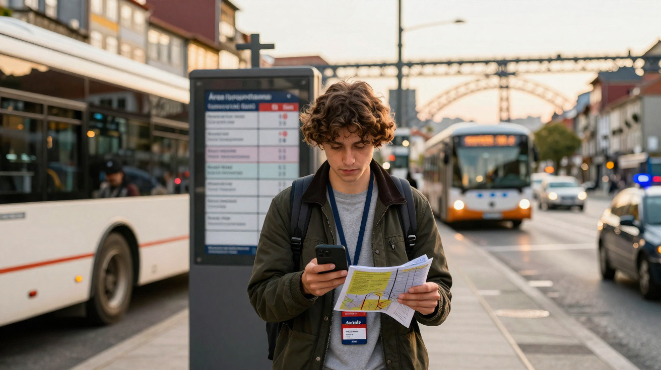 Jovem com mochila verifica mapa e celular em ponto de ônibus urbano com ônibus ao fundo.