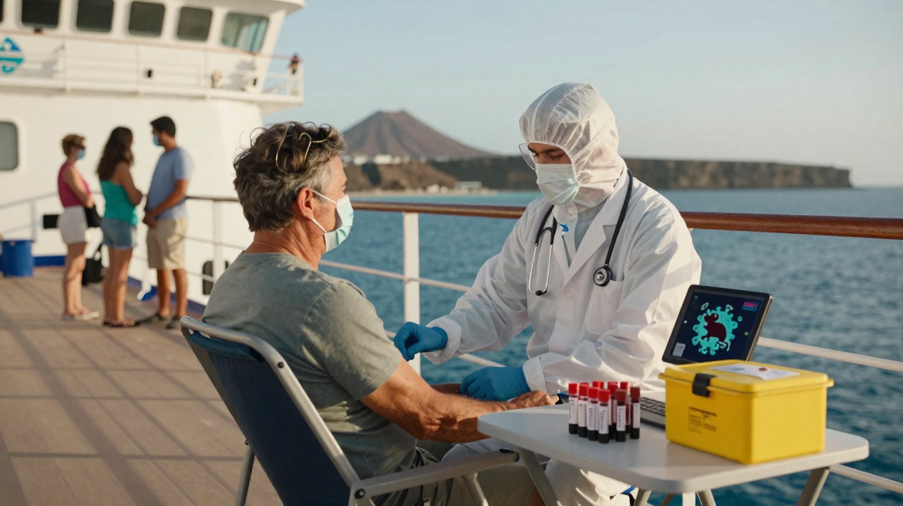 Profissional de saúde em traje de proteção coleta sangue de homem com máscara em navio, com mar e montanha ao fundo.
