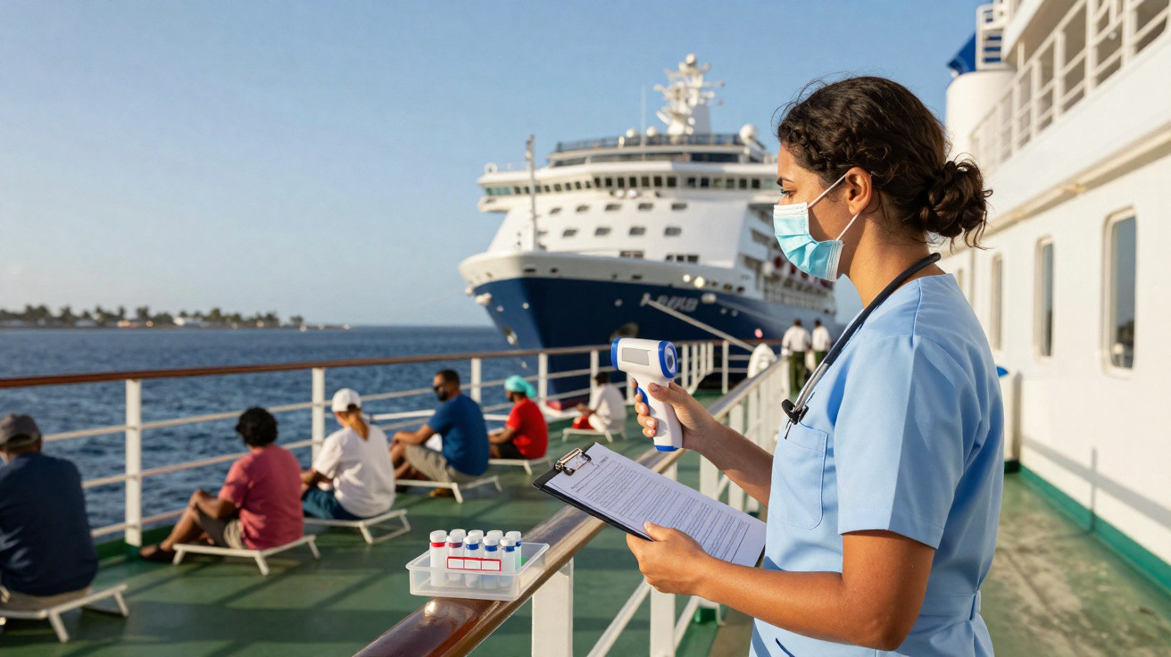 Enfermeira com máscara medindo temperatura de passageiros sentados no convés de um navio.