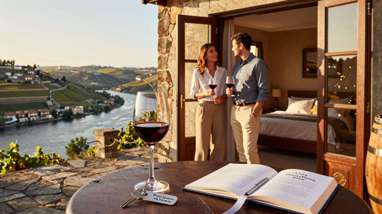 Casal brindando com vinho na varanda de chalé com vista para rio e vinhedos ao pôr do sol.