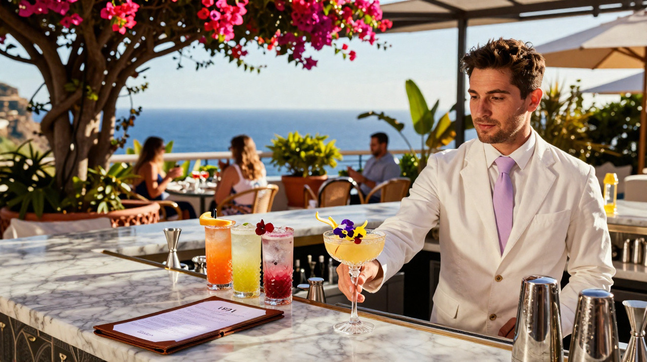 Bartender servindo coquetel decorado em bar ao ar livre com vista para o mar e flores rosas.