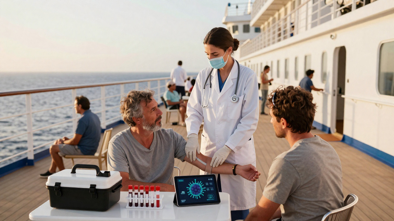 Médica com máscara e jaleco examina paciente em cadeira de rodas no convés de navio com equipamento médico.