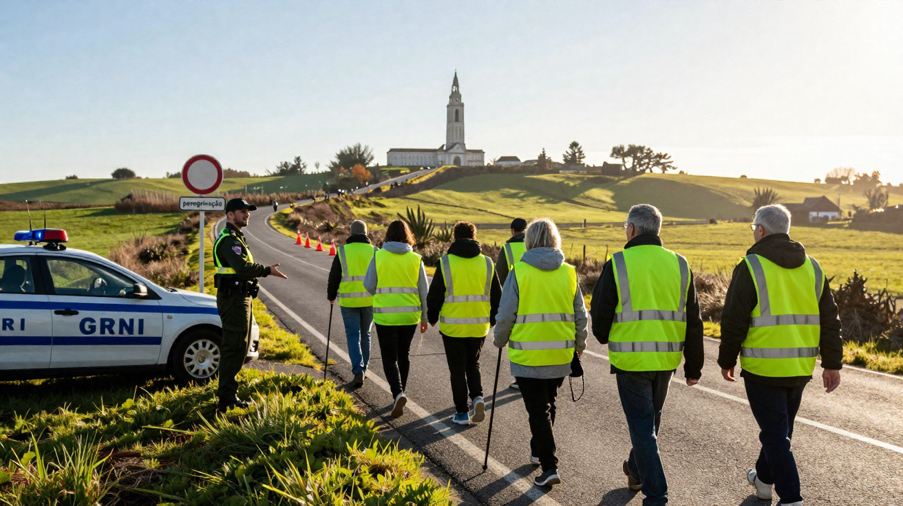 Grupo de pessoas com coletes refletores caminhando em estrada rural com policial ao lado e igreja ao fundo.