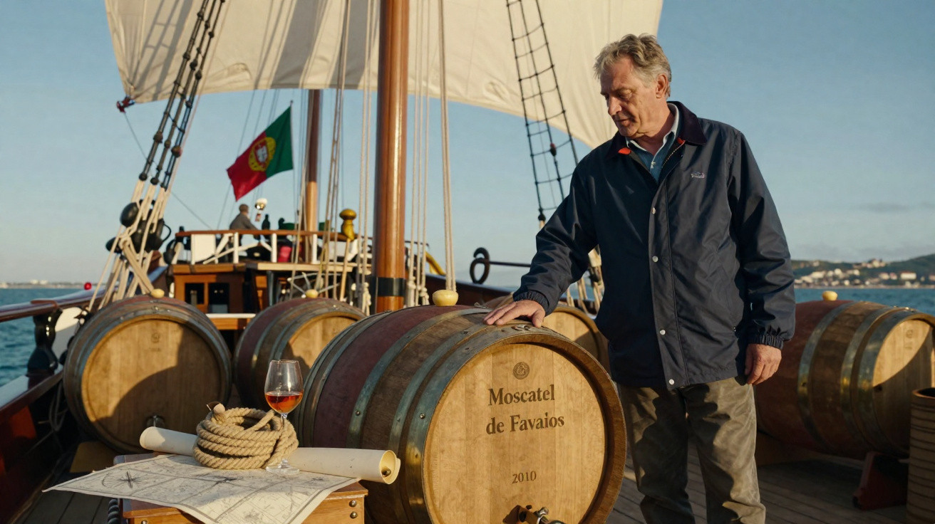 Homem encostado em barril de vinho Moscateis de Favaios em barco com vela e bandeira de Portugal ao fundo.