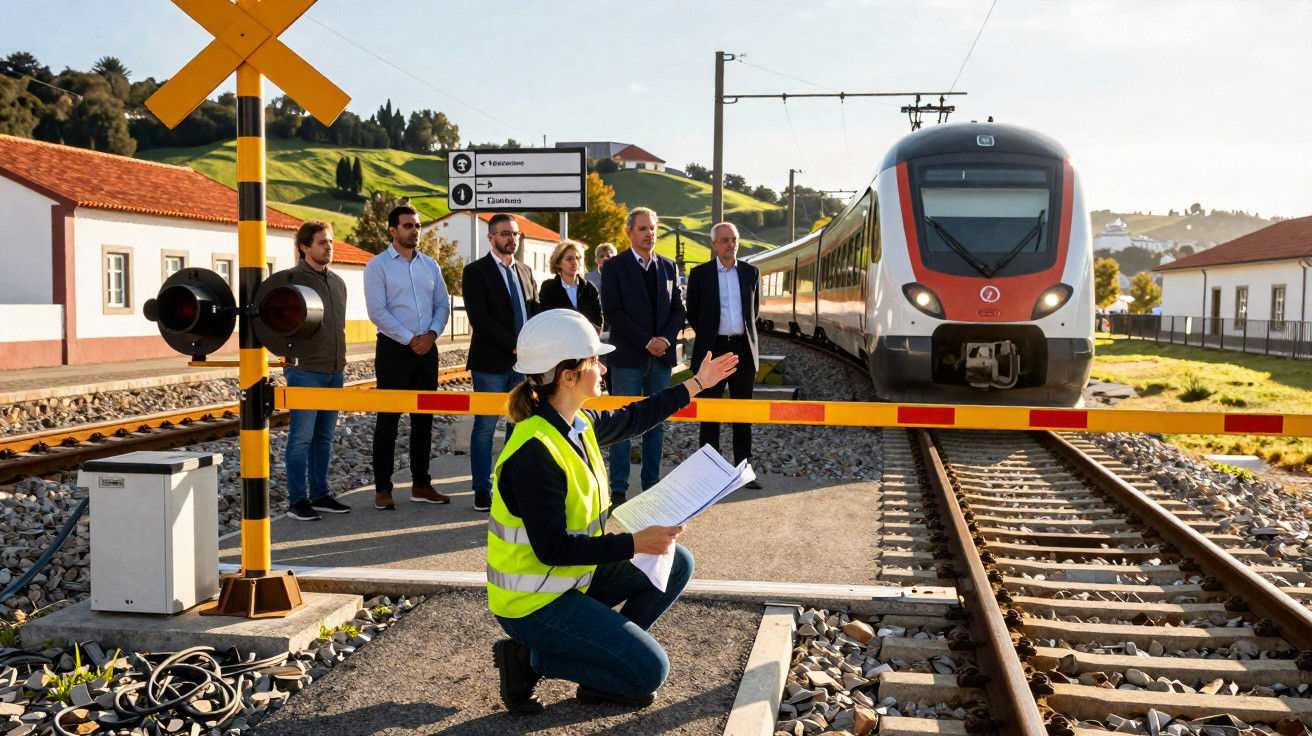 Trabalhadora com capacete e colete refém barra de passagem de trem parada com visitantes ao fundo em estação ferroviária.