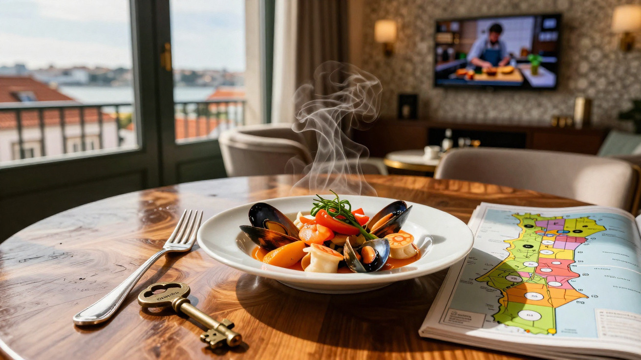 Prato quente de frutos do mar em mesa de madeira com garfo, chave antiga e mapa aberto em sala confortável.