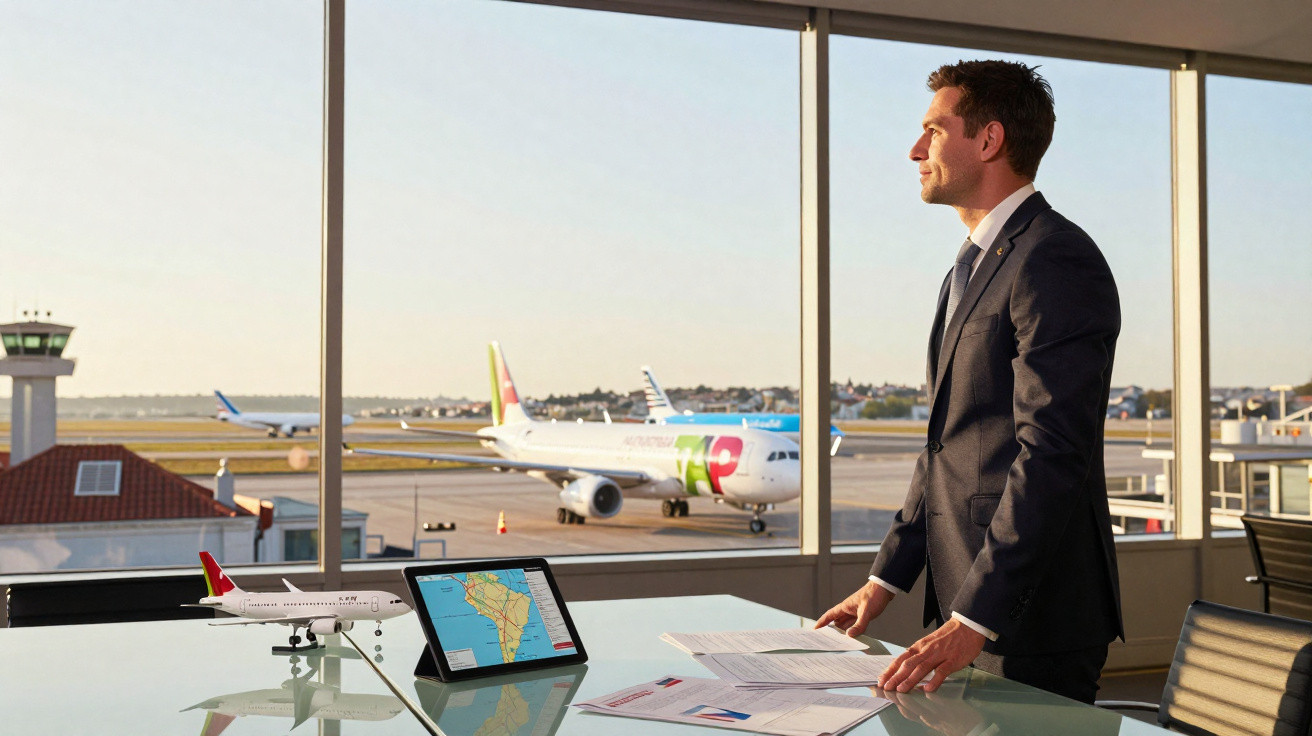 Homem de terno em escritório com maquete de avião e mapa, olhando para pista de aeroporto com aviões ao fundo.