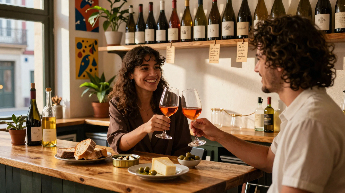 Casal brindando com vinho rosé em bar aconchegante com petiscos na mesa e garrafas ao fundo.