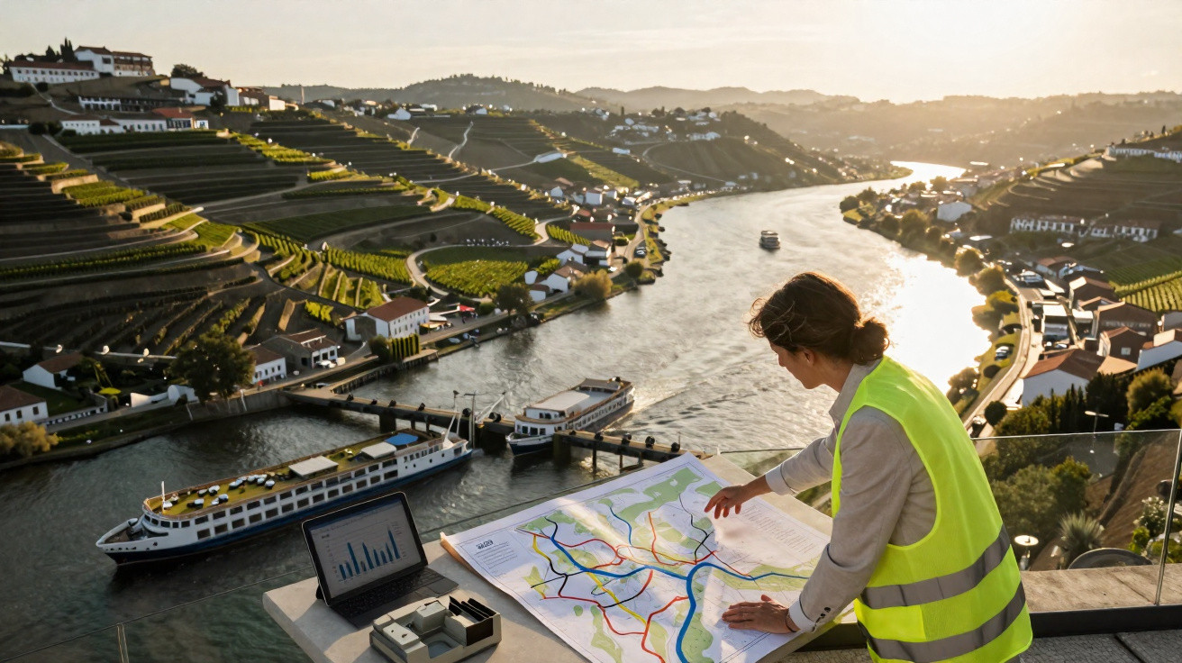 Mulher em colete refletivo analisa mapa em mesa com vista para rio e vinhedos ao pôr do sol.