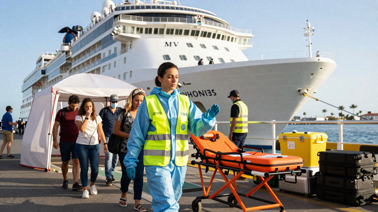 Funcionária de saúde orienta passageiros desembarcando de navio de cruzeiro em área portuária ensolarada.