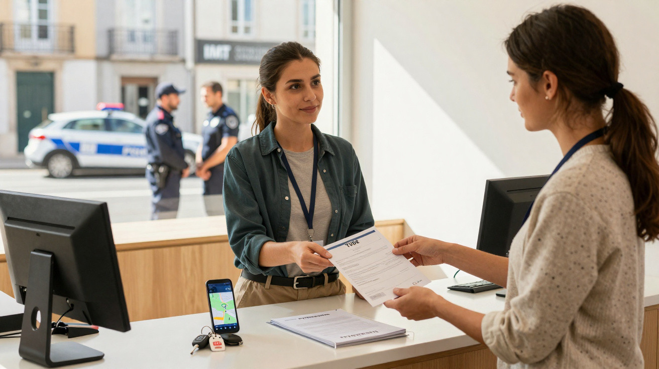 Mulher atendente entrega documento para cliente em balcão, com policiais e viatura ao fundo.