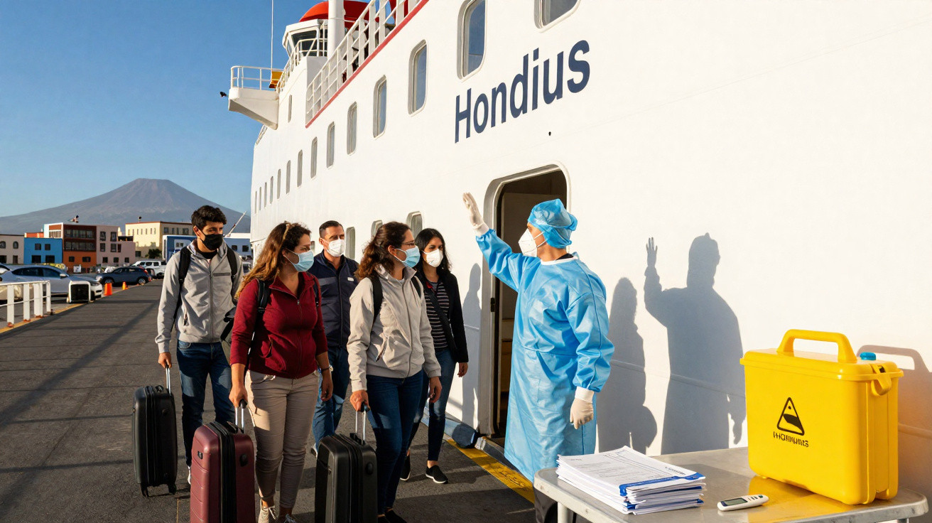 Grupo de passageiros com máscara embarcando no navio Hondius, com funcionário de proteção orientando.