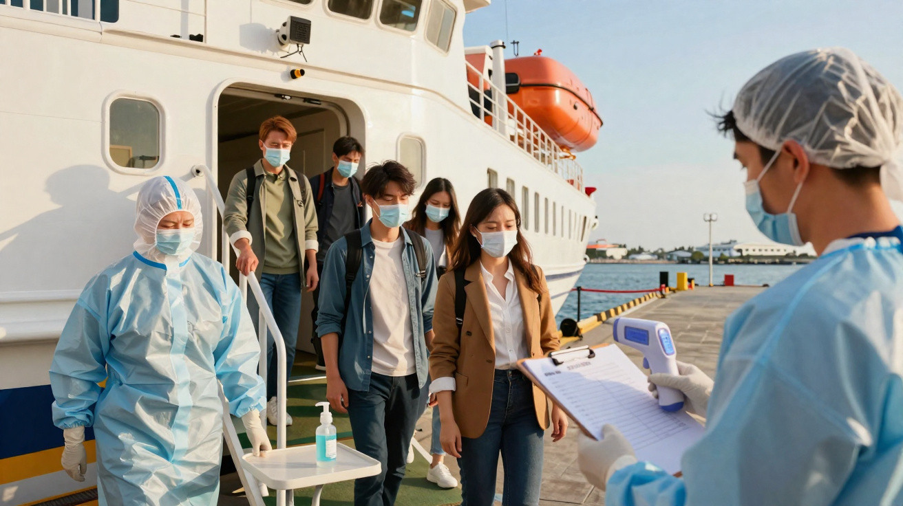 Pessoas usando máscaras desembarcando de um navio, com profissionais de saúde medindo temperatura e verificando informações.