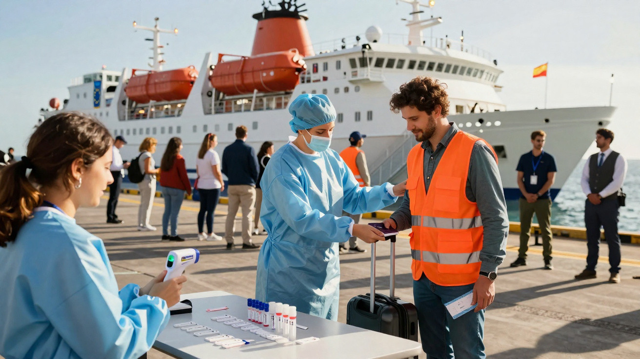 Funcionária de saúde checa passageiro com colete laranja antes de embarque em navio no porto.