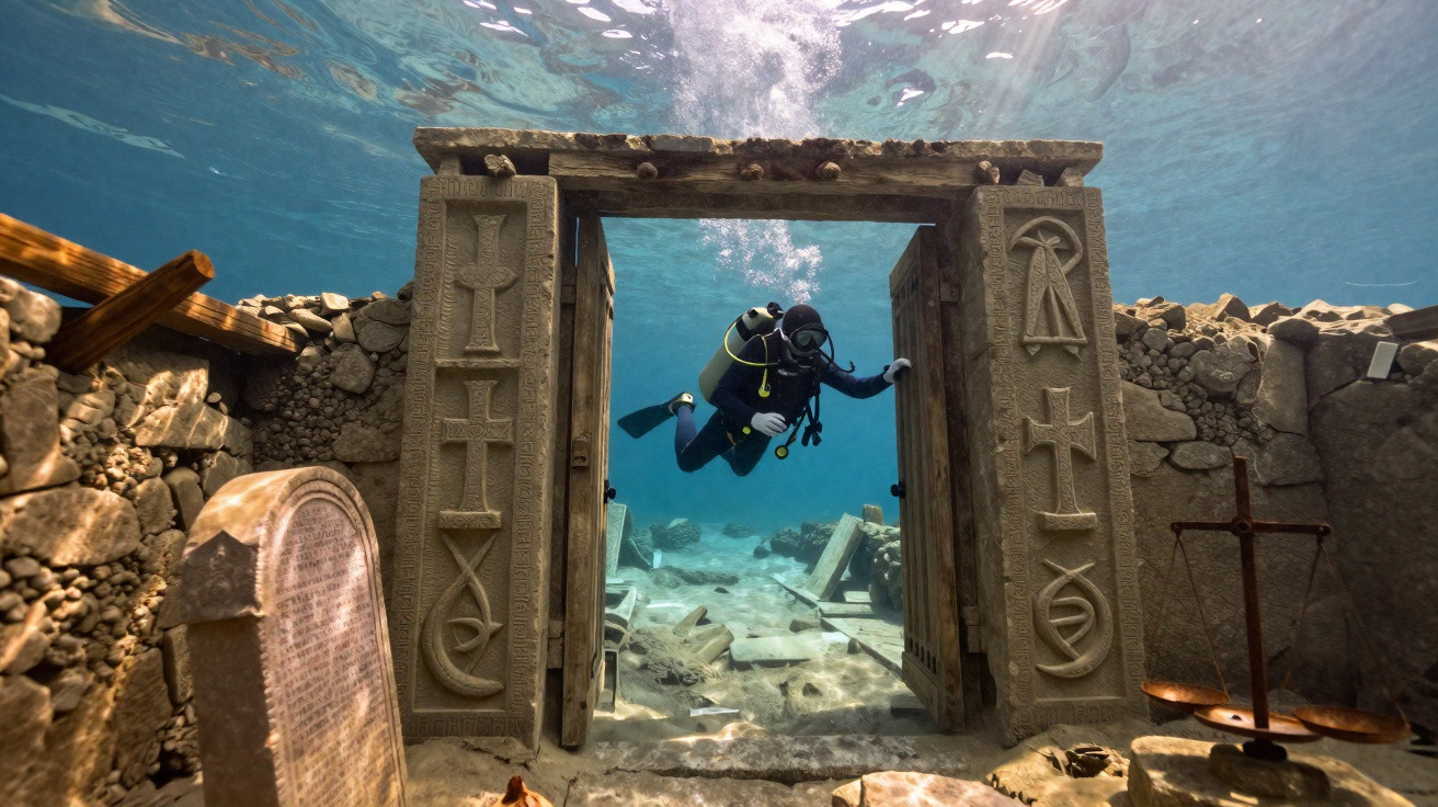 Mergulhador explorando ruínas submersas com colunas decoradas e pedras ao redor sob água clara.