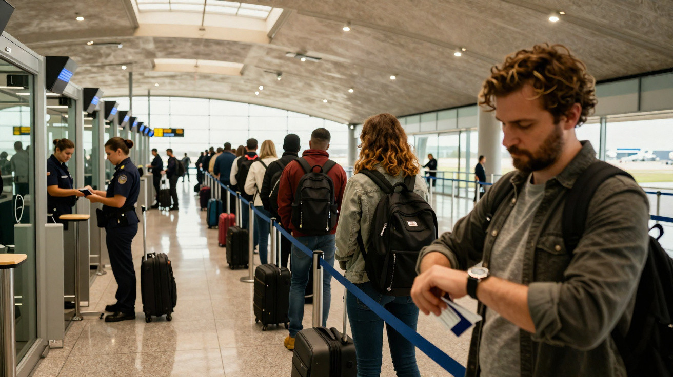Fila de passageiros aguardando a passagem no controle de segurança do aeroporto.