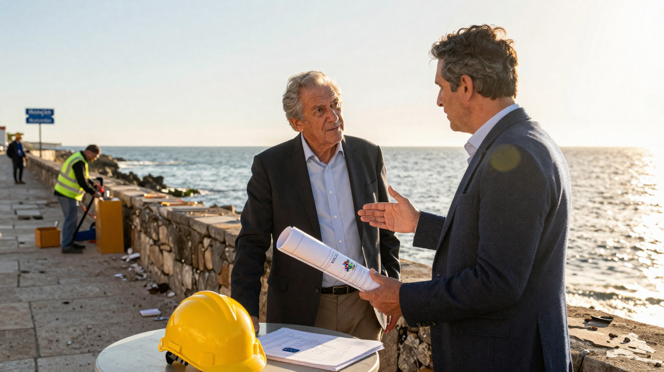 Dois homens conversam ao lado do mar com capacete amarelo e documentos sobre uma mesa redonda.