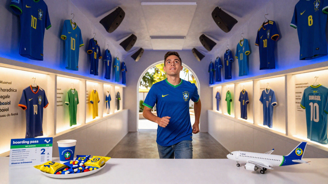 Jovem vestindo camisa da seleção brasileira de futebol correndo em corredor com camisas da seleção penduradas nas paredes.