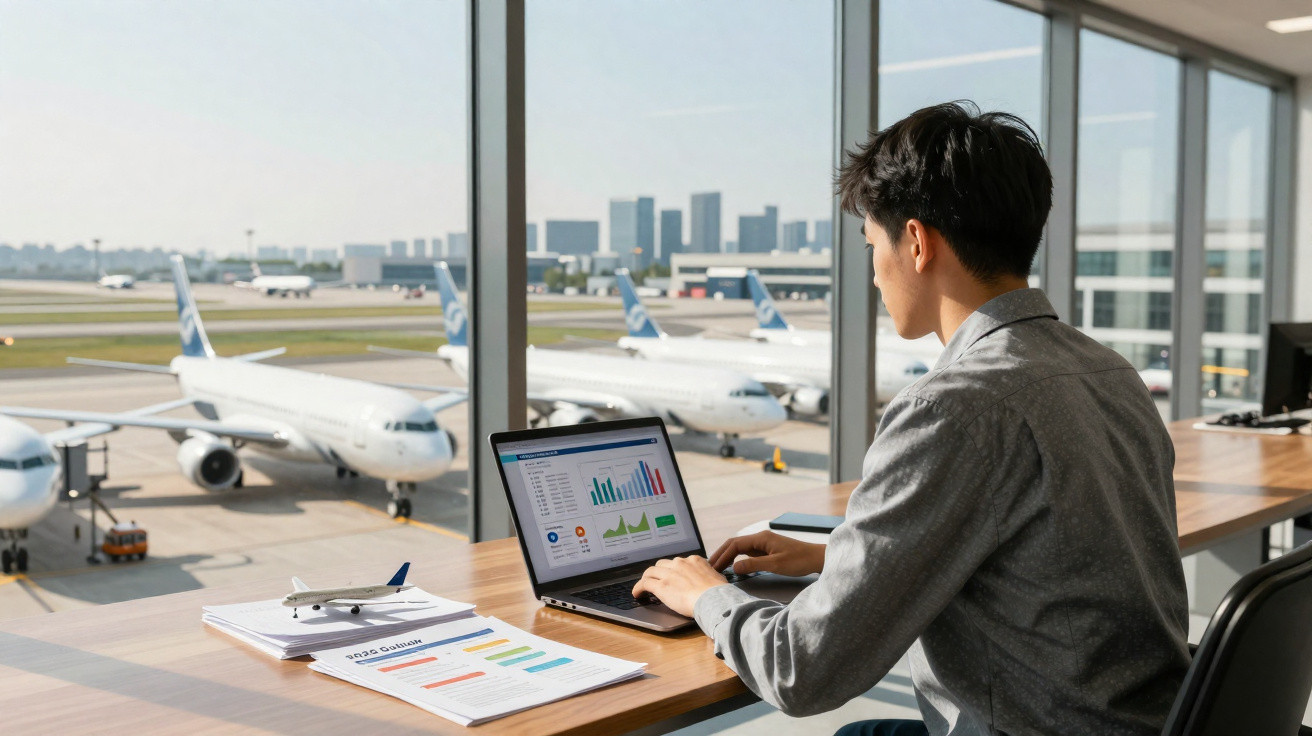 Homem trabalhando em laptop com gráficos, em área de espera com vista para aviões no aeroporto.