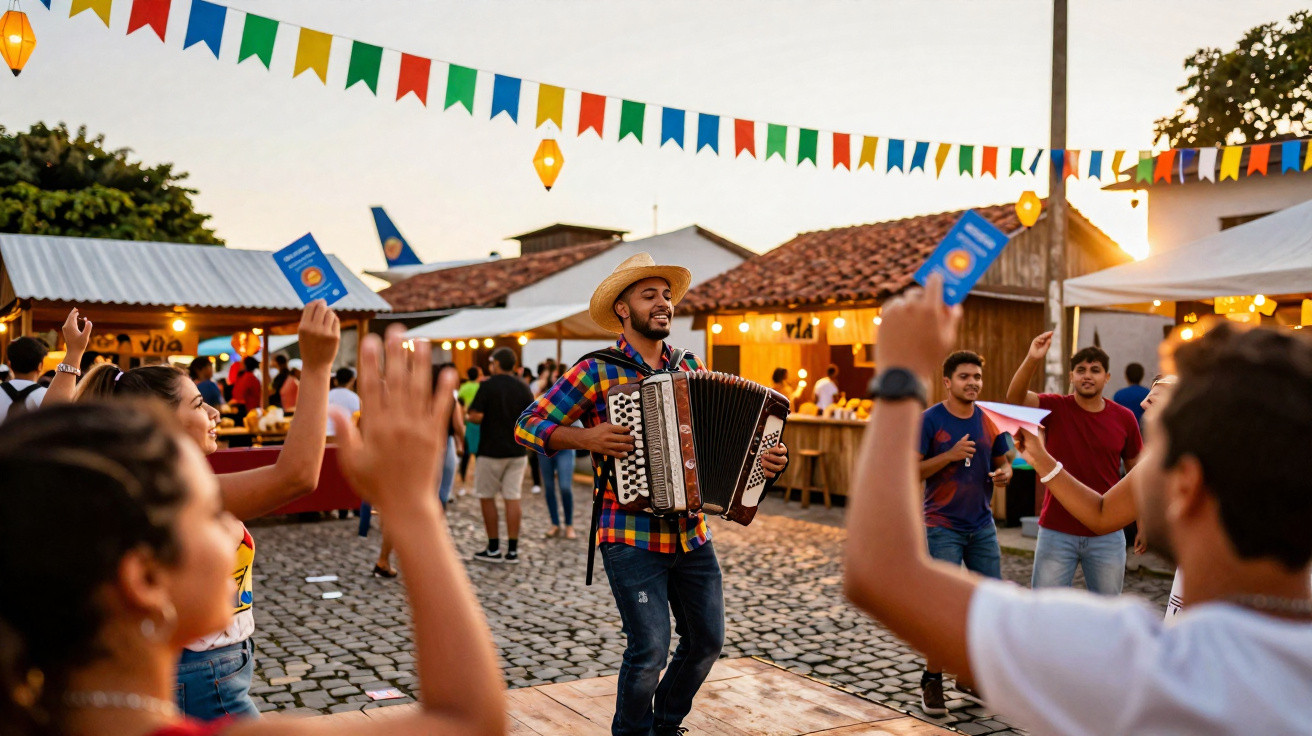 Homem tocando sanfona em festa típica com pessoas dançando e bandeirinhas coloridas ao redor.