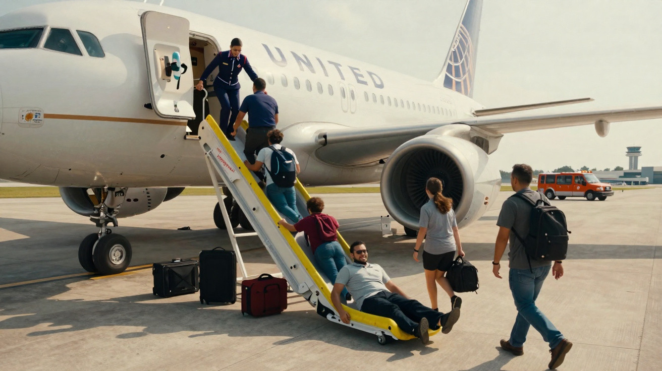 Passageiros embarcando em avião da United Airlines, com um sentado na escada móvel no aeroporto.