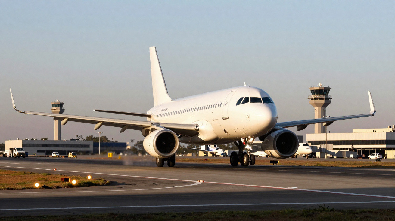 Avião comercial branco taxiando na pista de aeroporto com torre de controle ao fundo em dia claro.
