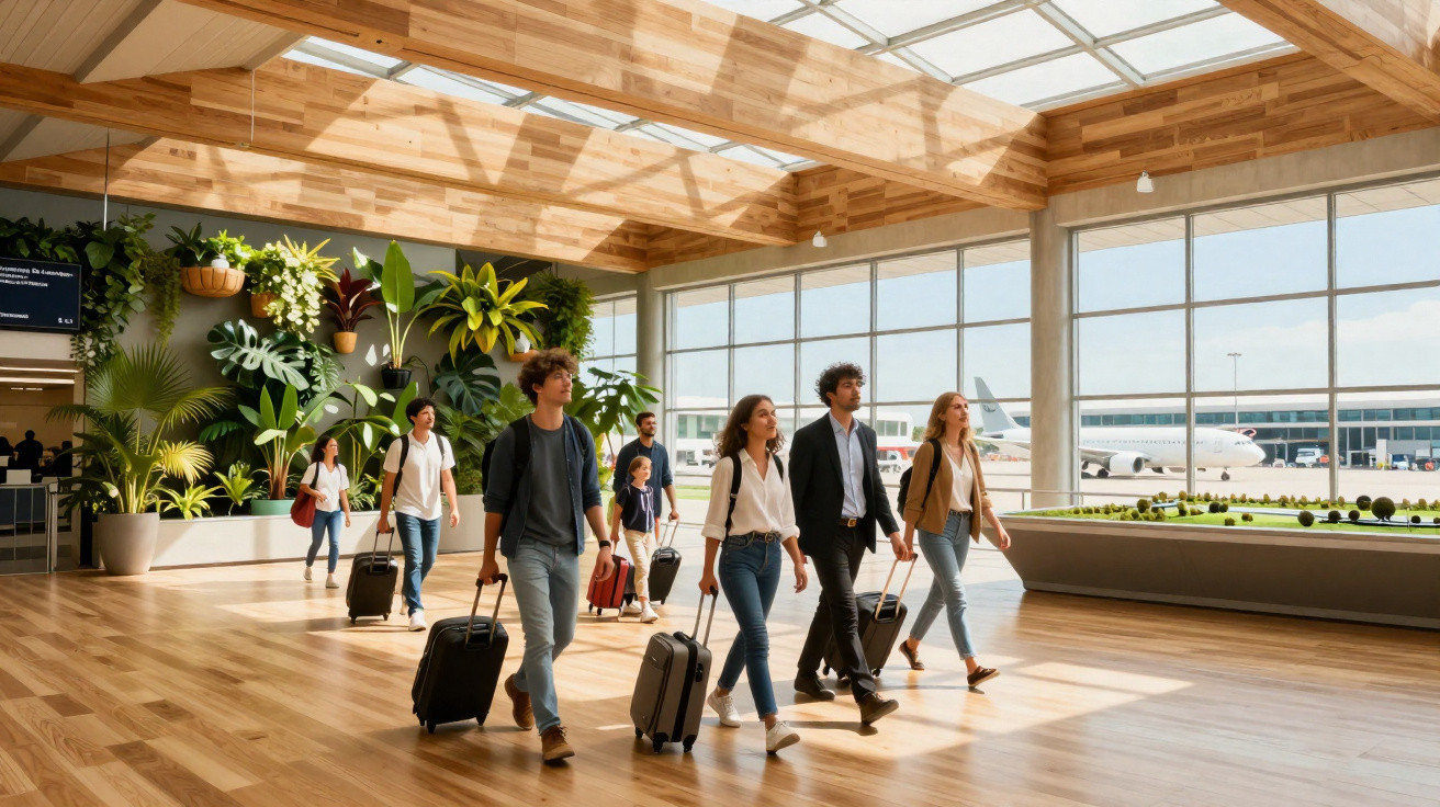 Pessoas caminhando com malas em terminal de aeroporto moderno com grande janela e iluminação natural.