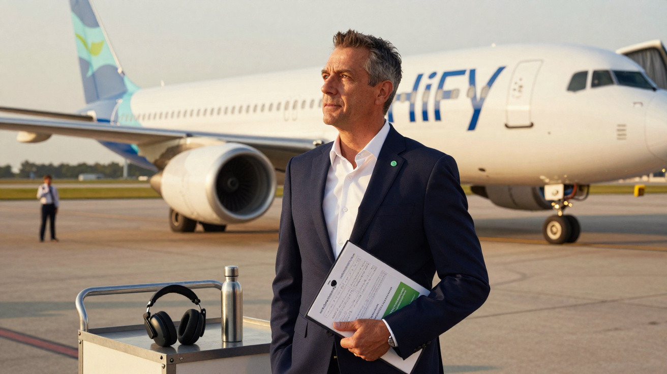 Homem de terno segurando documentos em aeroporto com avião da Hi Fly ao fundo ao pôr do sol.