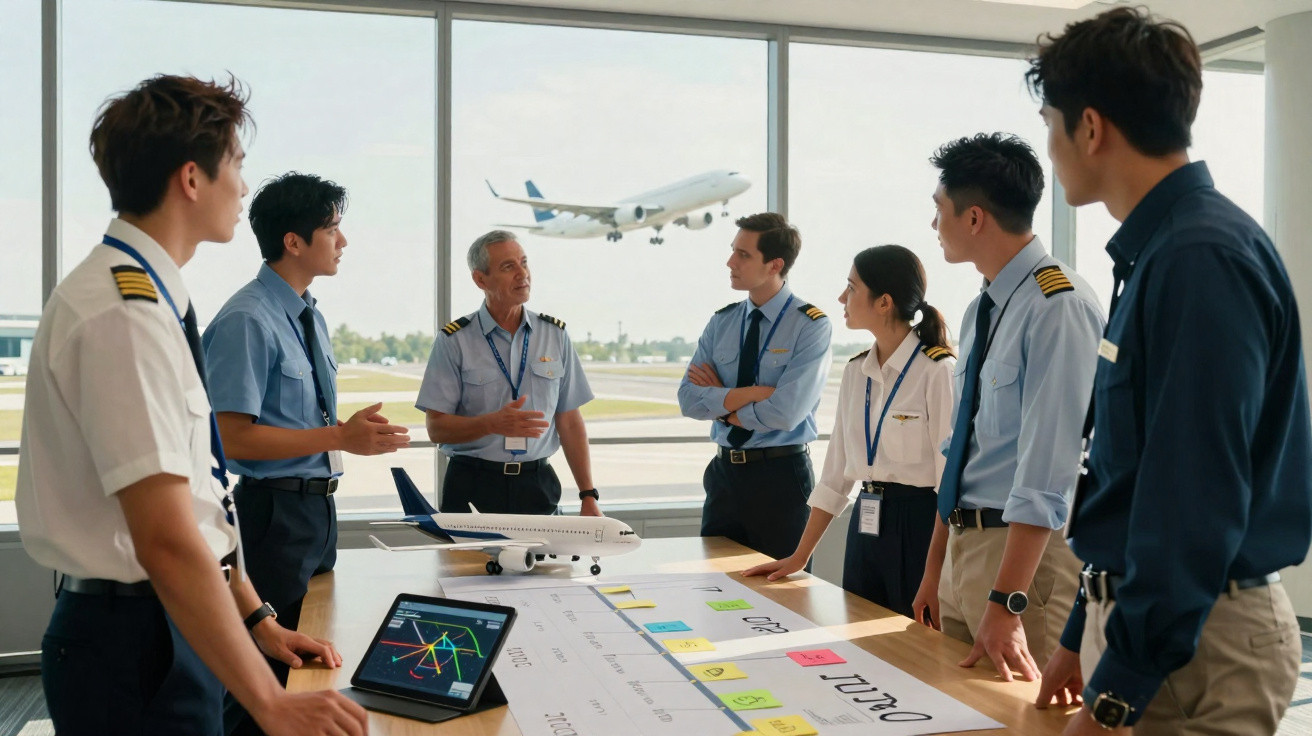 Grupo de pilotos e equipe em reunião com avião decolando ao fundo em aeroporto.