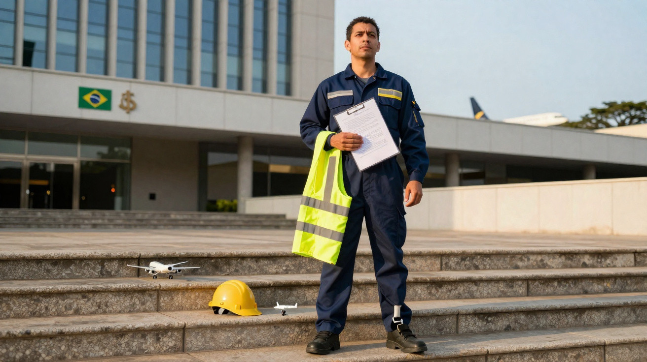 Homem de macacão azul com colete refletivo e prancheta em frente a prédio governamental, com capacete e miniaturas de aviões.