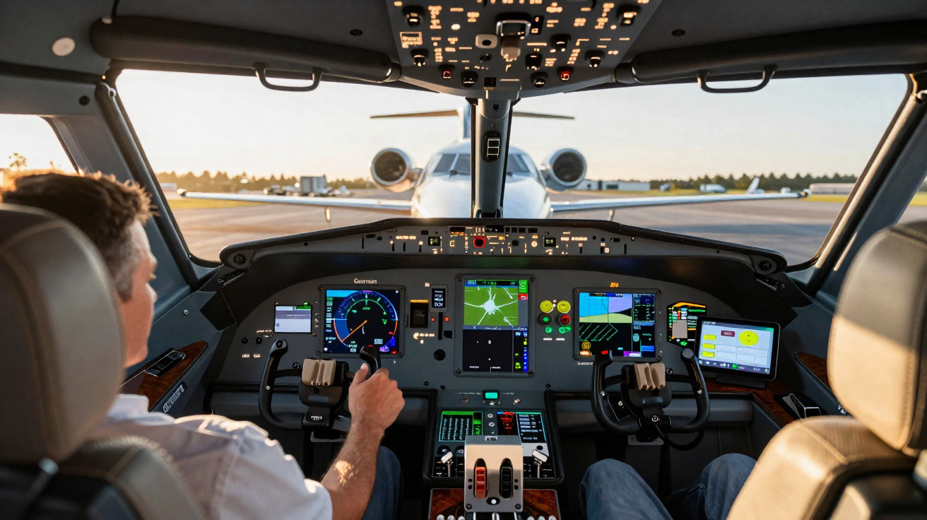 Cabine de avião com piloto operando controles e aeronave estacionada ao fundo no aeroporto.