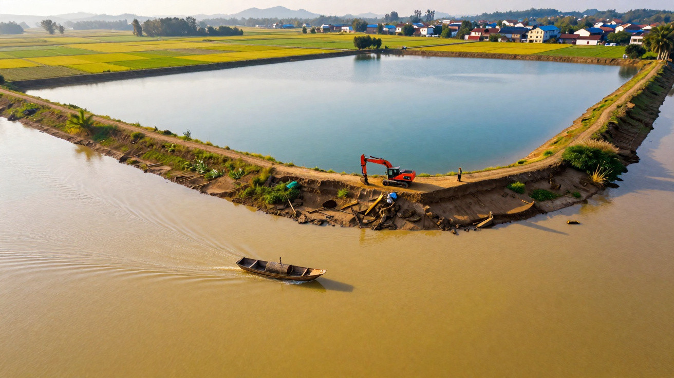 Lagoa cercada por terra com escavadeira e pessoa, barco navegando em rio próximo e vilarejo ao fundo.