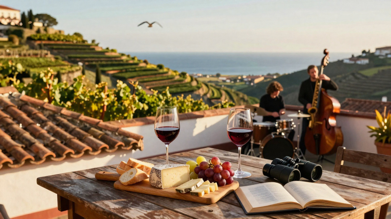 Mesa com vinho, queijos, uvas e pão, vista para vinhedos e músicos tocando jazz ao pôr do sol.