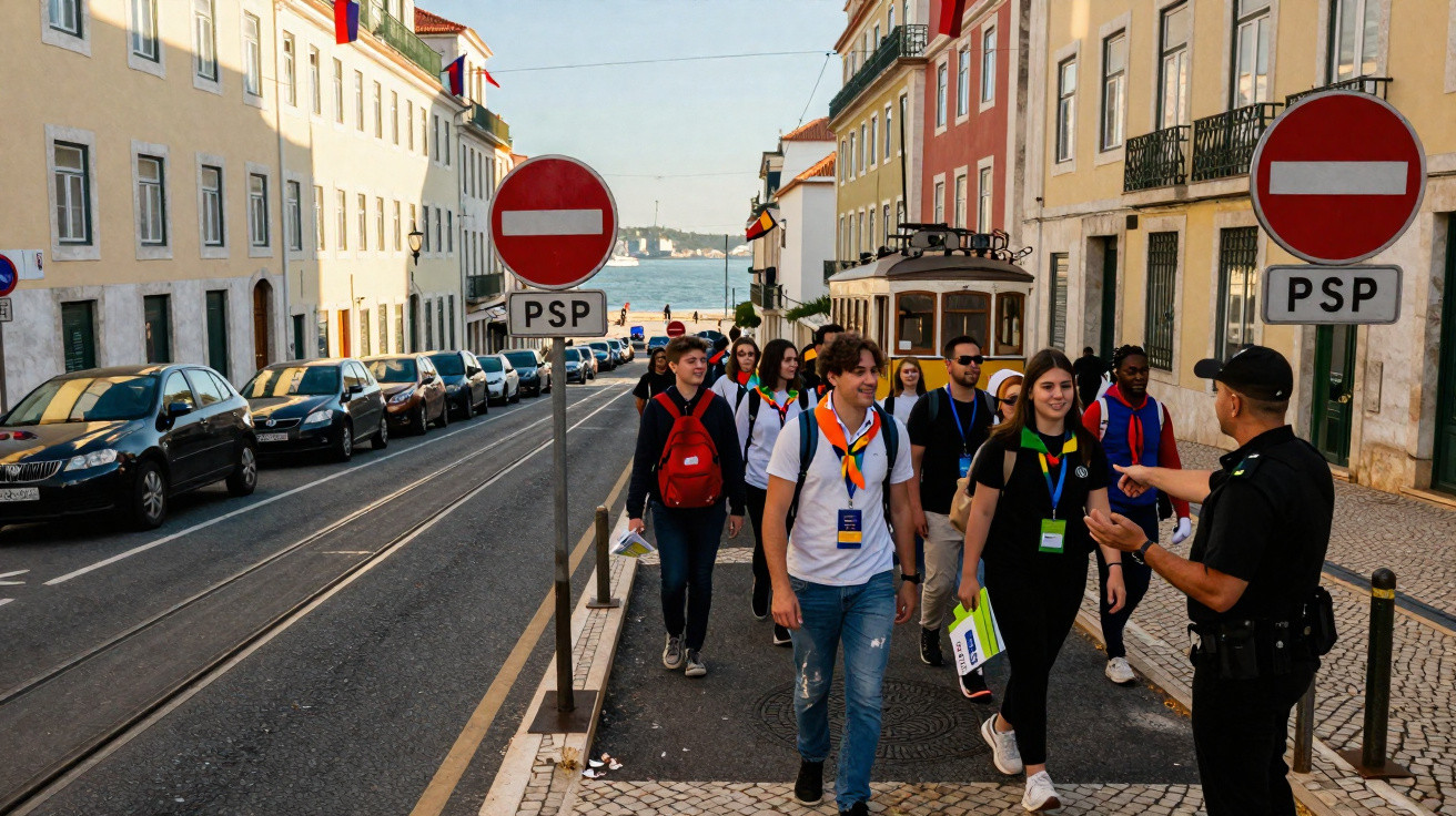 Grupo de turistas caminhando em rua de cidade com bonde e policial conversando com eles.