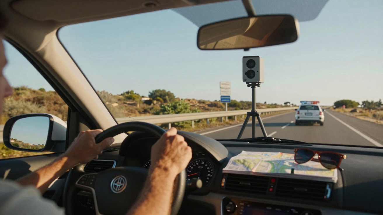 Pessoa dirigindo em estrada com radar fixo posicionado no painel do carro e viatura policial à frente.