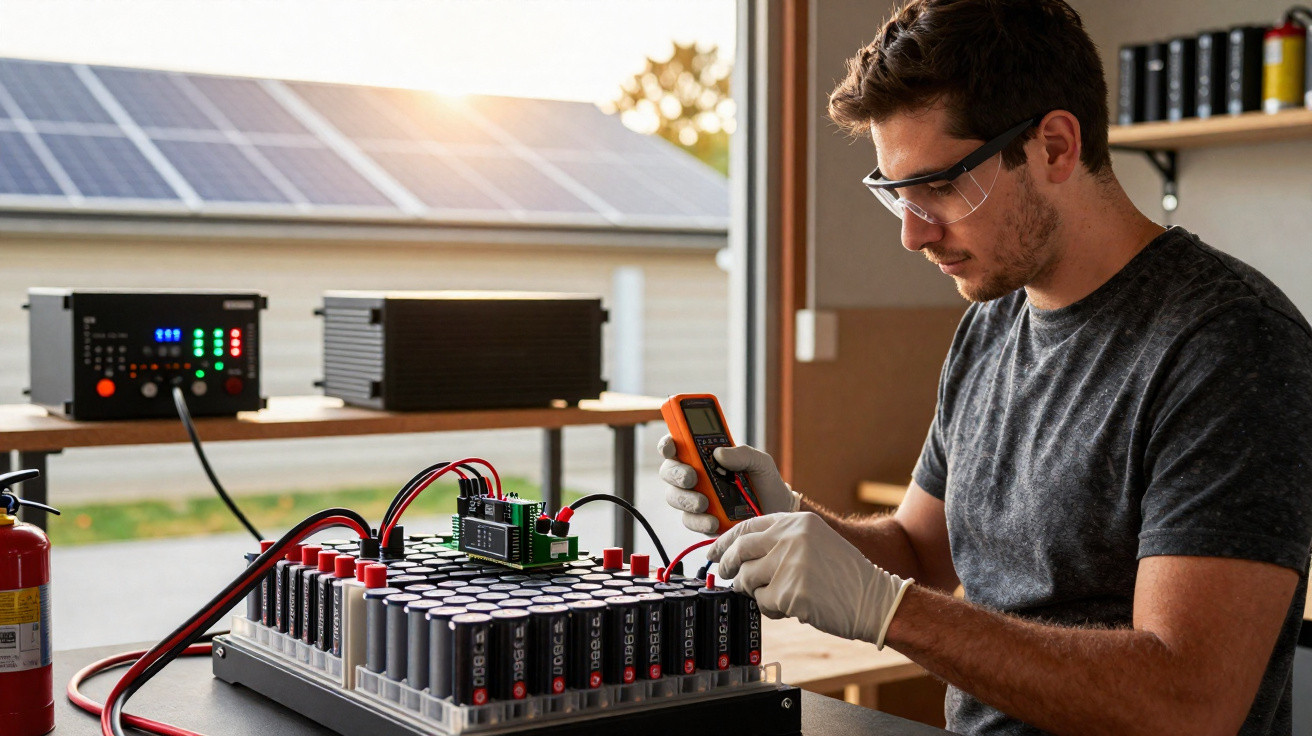 Homem com óculos de proteção testa bateria em laboratório com painéis solares ao fundo.