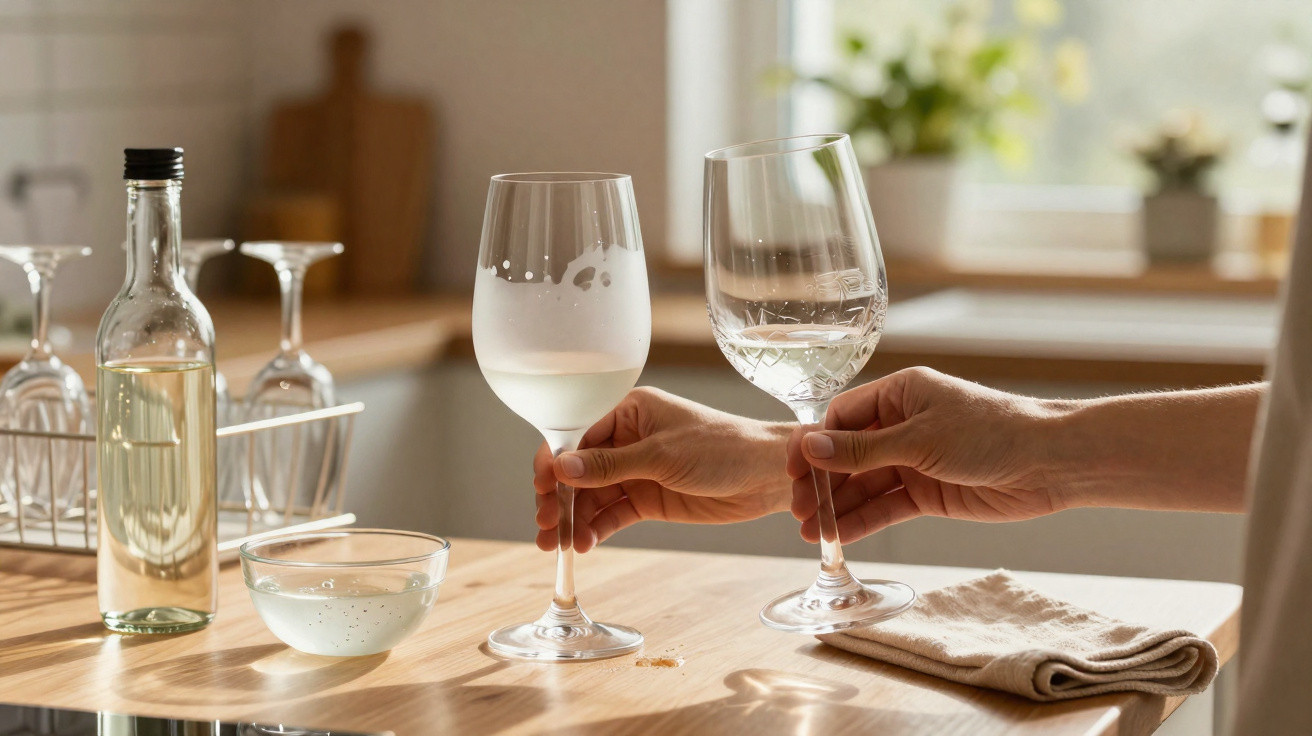 Duas mãos brindando com taças de vinho branco sobre bancada de madeira próxima a garrafa e pano.