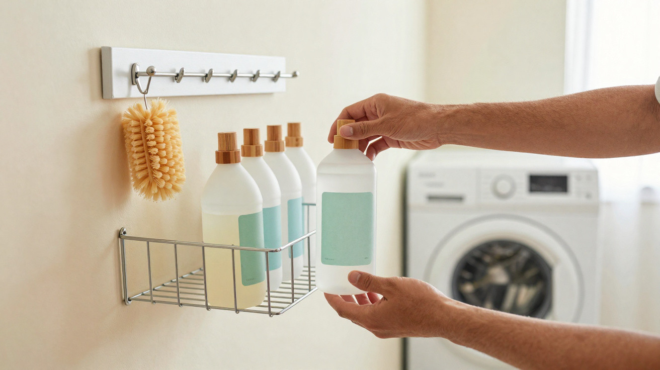 Mãos segurando frasco de produto de limpeza branco com tampa de madeira em lavanderia com máquina ao fundo.