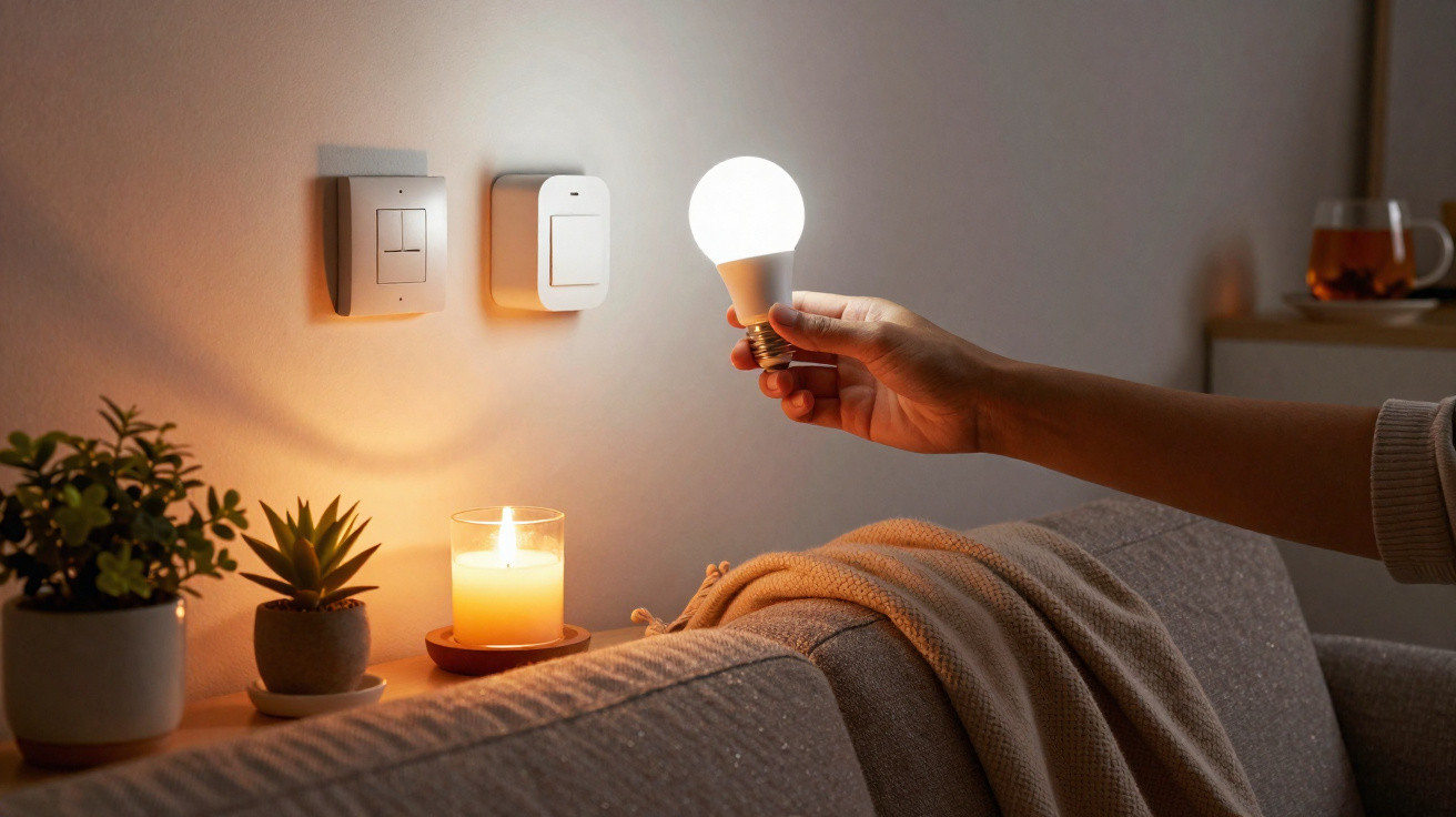 Pessoa segurando lâmpada acesa próxima a sofá com plantas, vela e interruptores na parede em ambiente aconchegante.